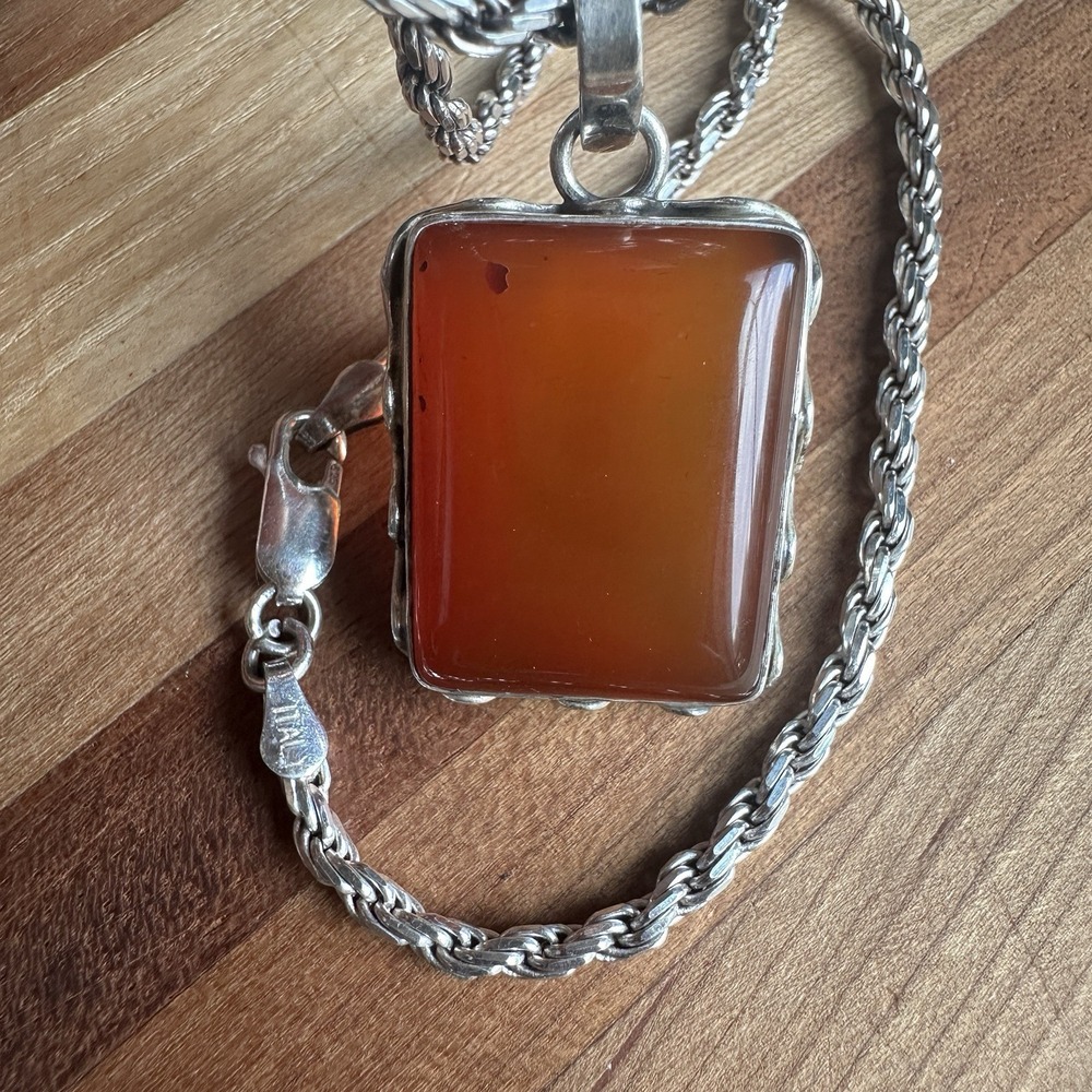 VTG Artisan Pendant Necklace 19 Inch Red Orange‎ Carnelian Agate Sterling 20.8g